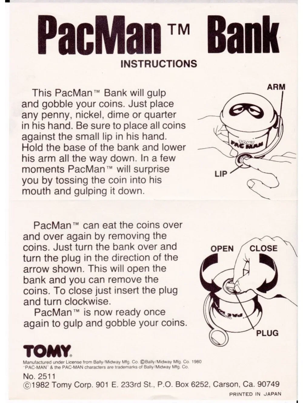 1982 Tomy Pac-Man Bank Instructions Bally Midway No. 2511 Original Japan